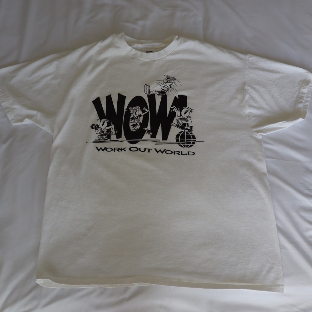 Vintage 90s Hanes Work Out World Graphic Tee White Men's XL Single Stitch USA